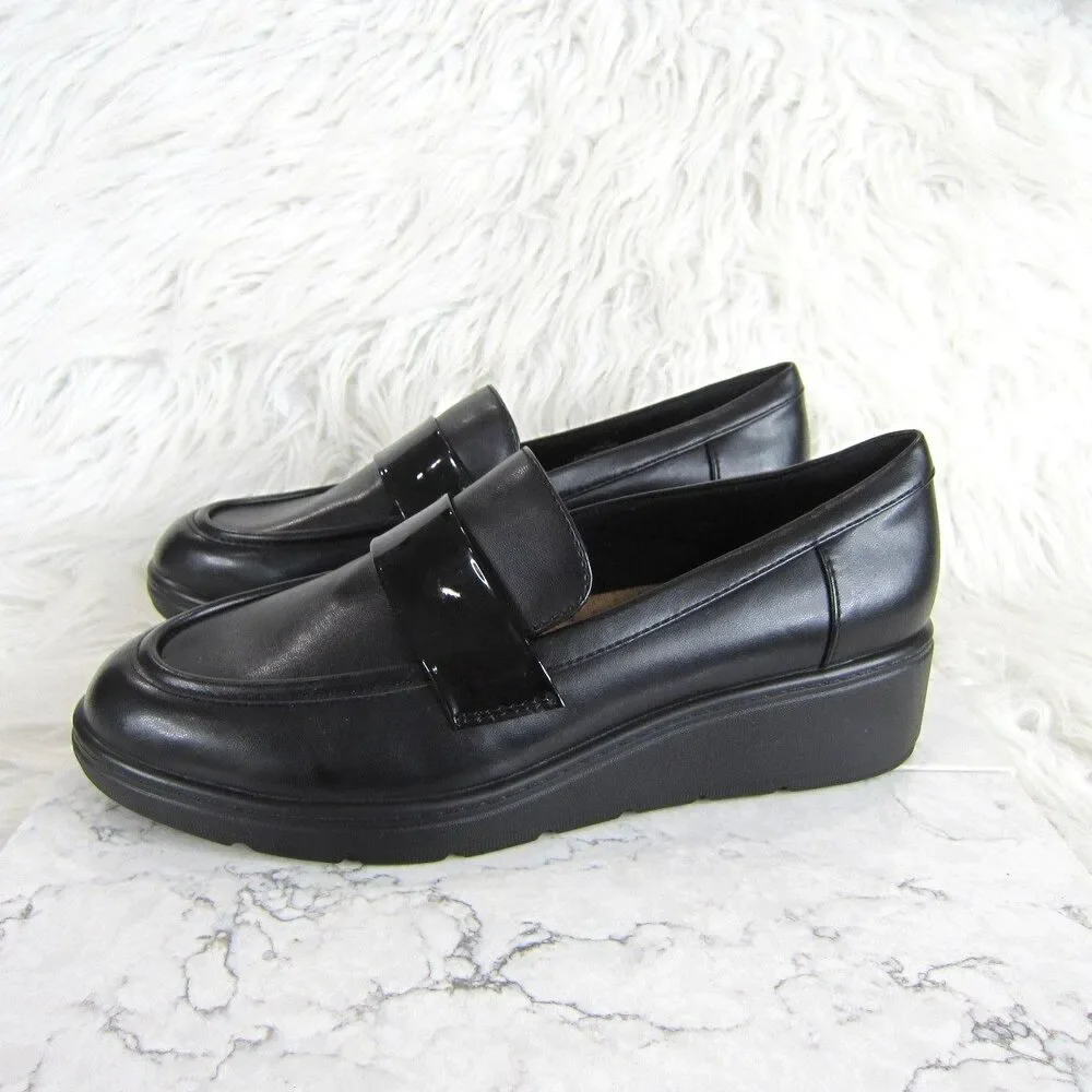 Easy Spirit Tahlia Slip On Wedge Loafers Black w/ Patent Leather Strap Size 7.5M